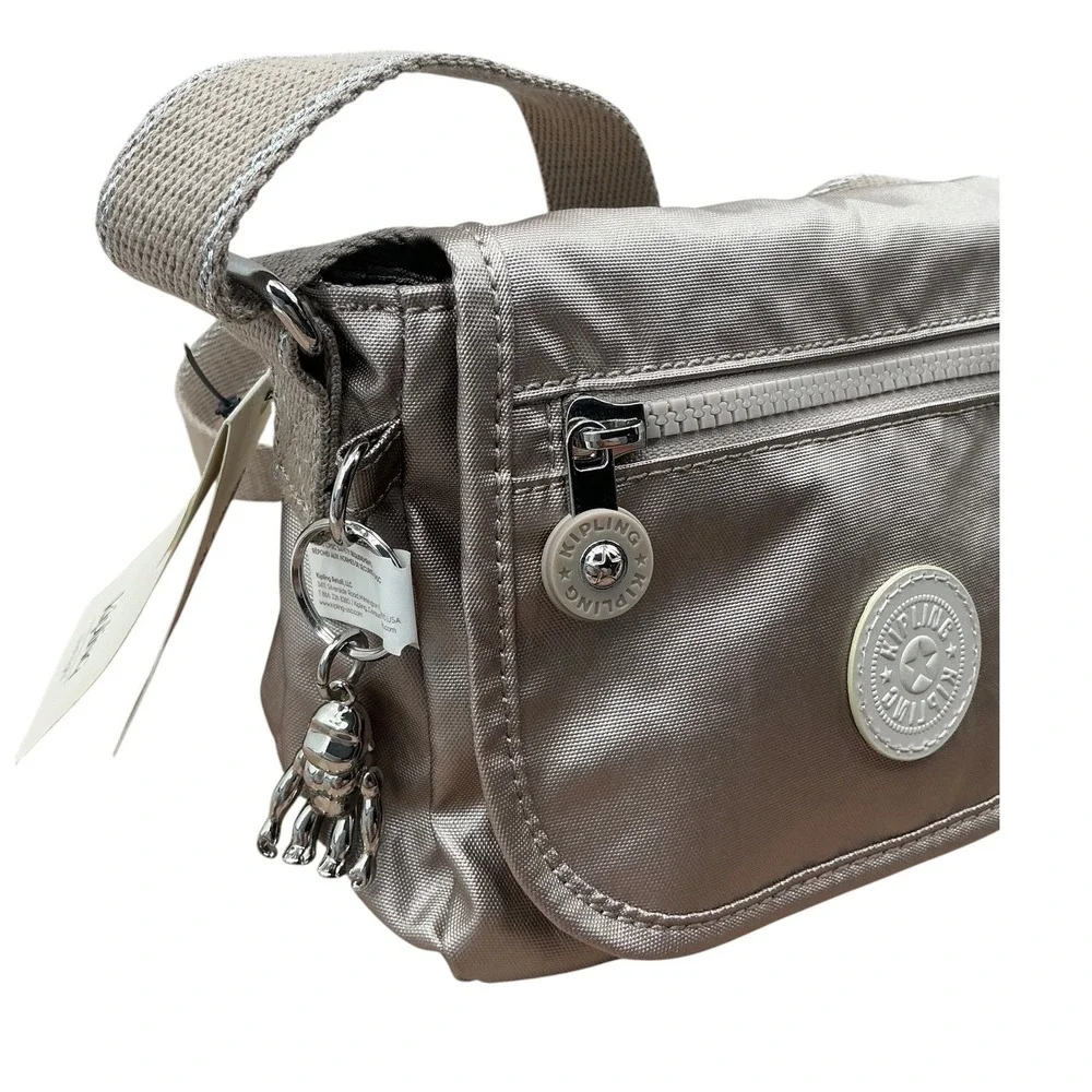 Kipling Metallic Pewter Nylon Crossbody Bag with‎ Monkey Keychain NWT